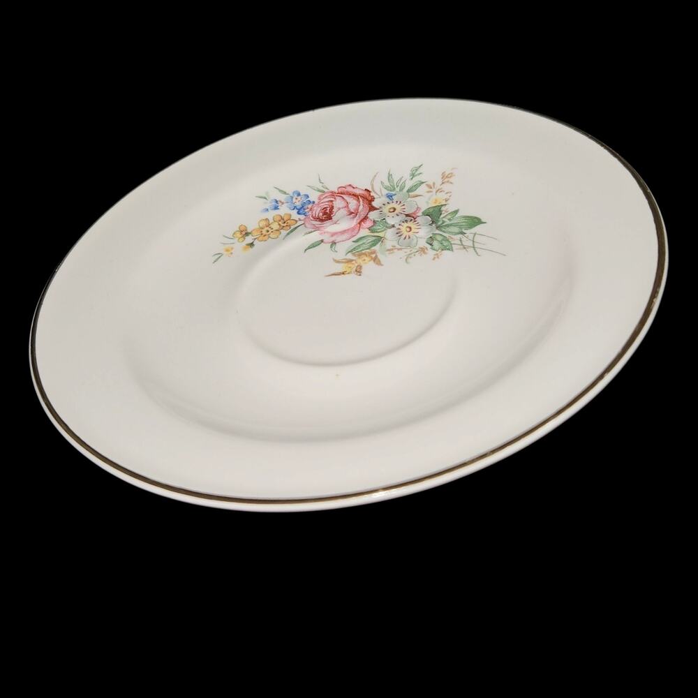 Edwin M. Knowles Floral Saucer Gold Trim Semi Vitreous China USA Vintage 1940s
